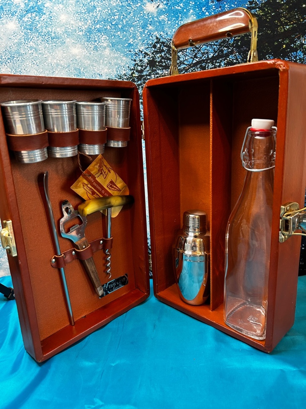 Vintage Leather Bar Set with Cups, Shaker, Bottle & Accessories Brown Case VGC